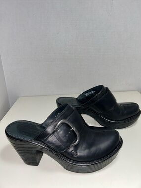 Born Platform Chunky Heel Black Leather Slip On Clog